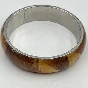 VTG Boho Faux Burl Wood & Silver Tone Bangle Bracelet Retro Statement Classic